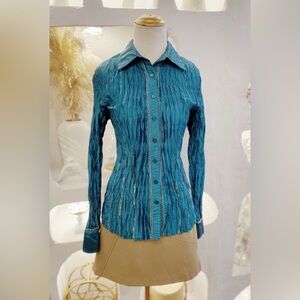Y2K Teal Pleated Crinkle Satin Long Sleeve Button Up Collared Blouse